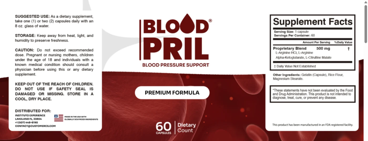 BloodPril Supplement Facts label with suggested use